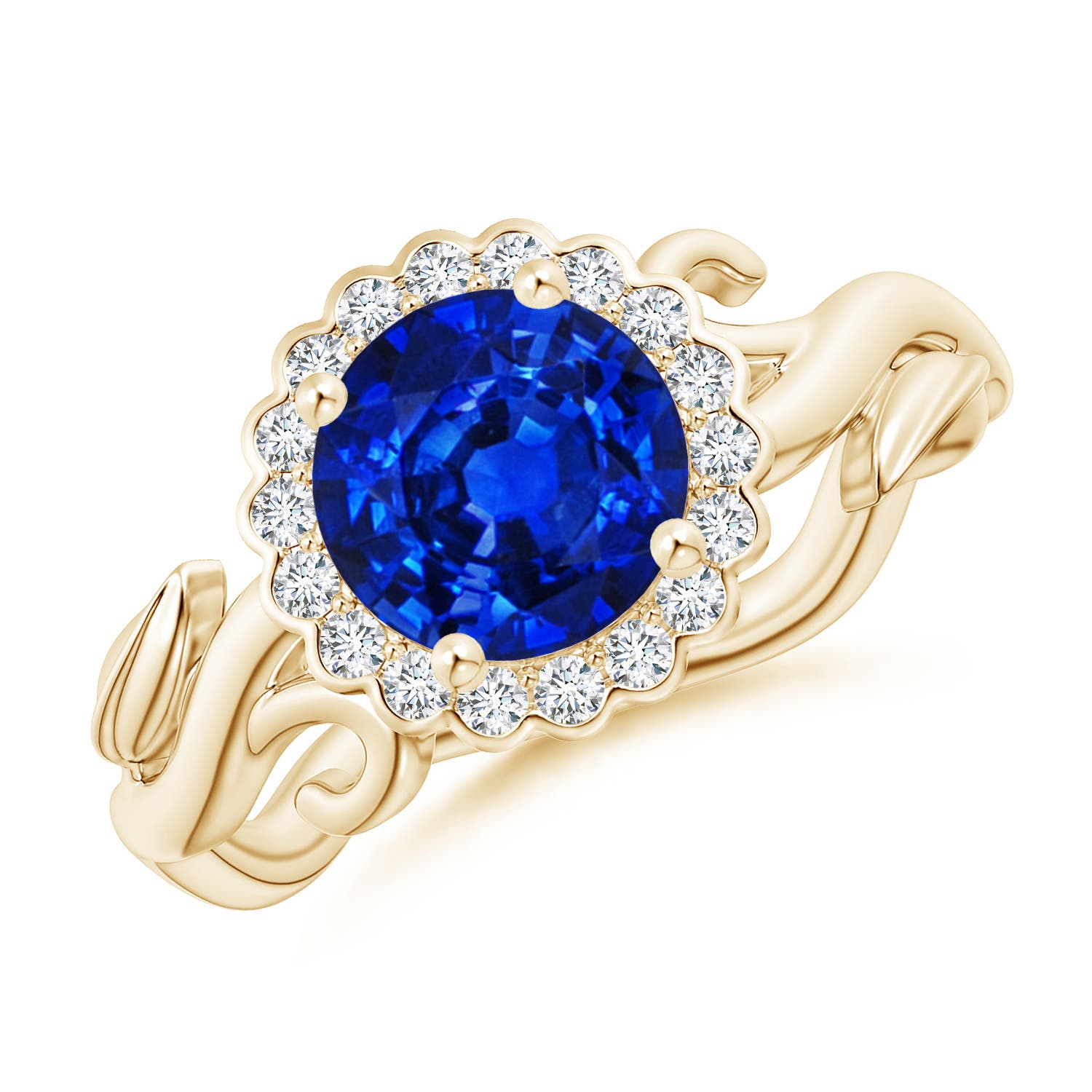7mm AAAA Vintage Inspired Sapphire Flower and Vine Ring in Yellow Gold