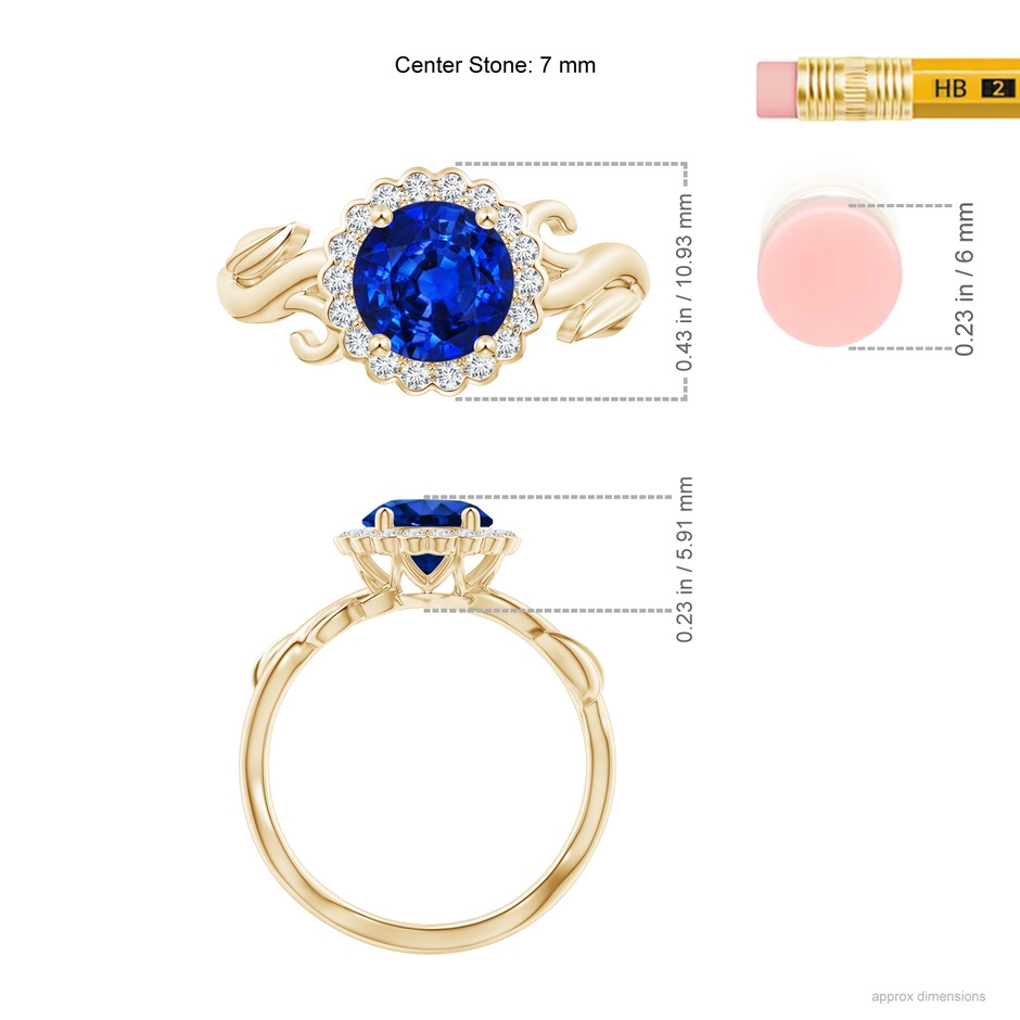 7mm Lab-Grown Vintage Inspired Sapphire Flower and Vine Ring in Yellow Gold ruler