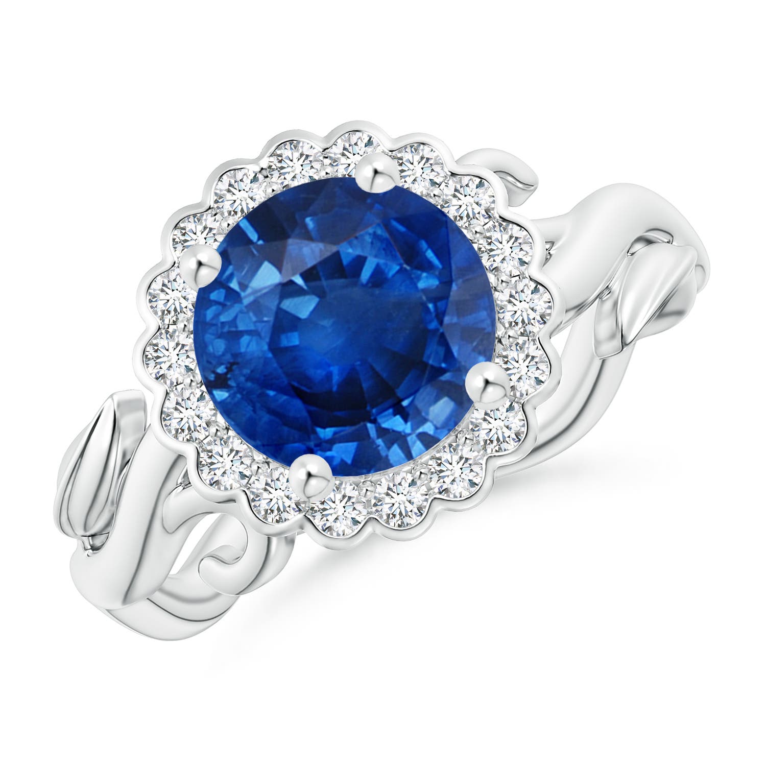 8mm AAA Vintage Inspired Sapphire Flower and Vine Ring in White Gold
