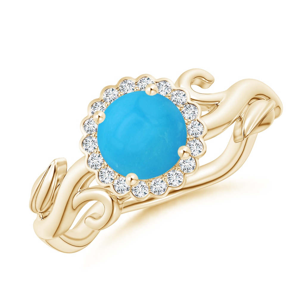 6mm AAAA Vintage Inspired Turquoise Flower and Vine Ring in Yellow Gold