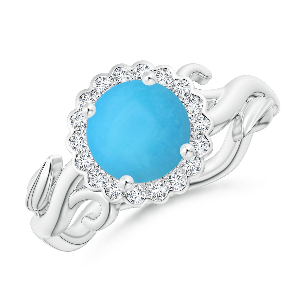 7mm AAA Vintage Inspired Turquoise Flower and Vine Ring in White Gold