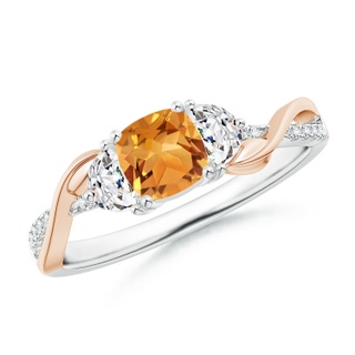 5mm AA Cushion Citrine and Half Moon Diamond Leaf Ring in White Gold Rose Gold