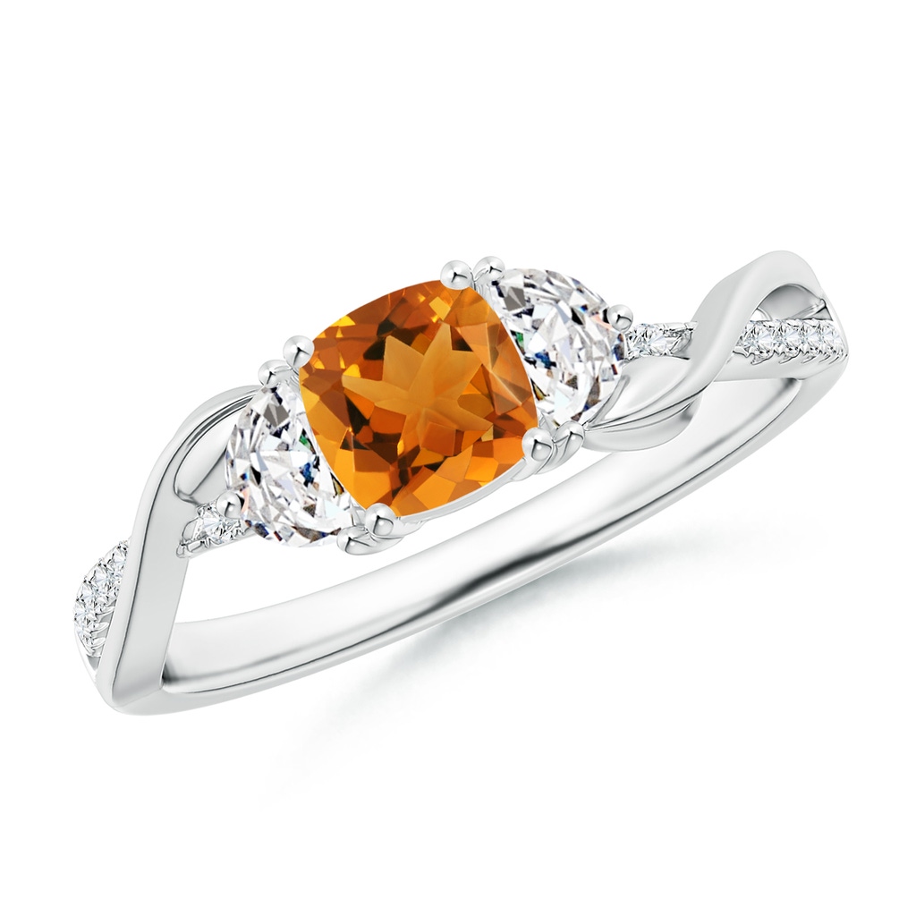 5mm AAA Cushion Citrine and Half Moon Diamond Leaf Ring in White Gold