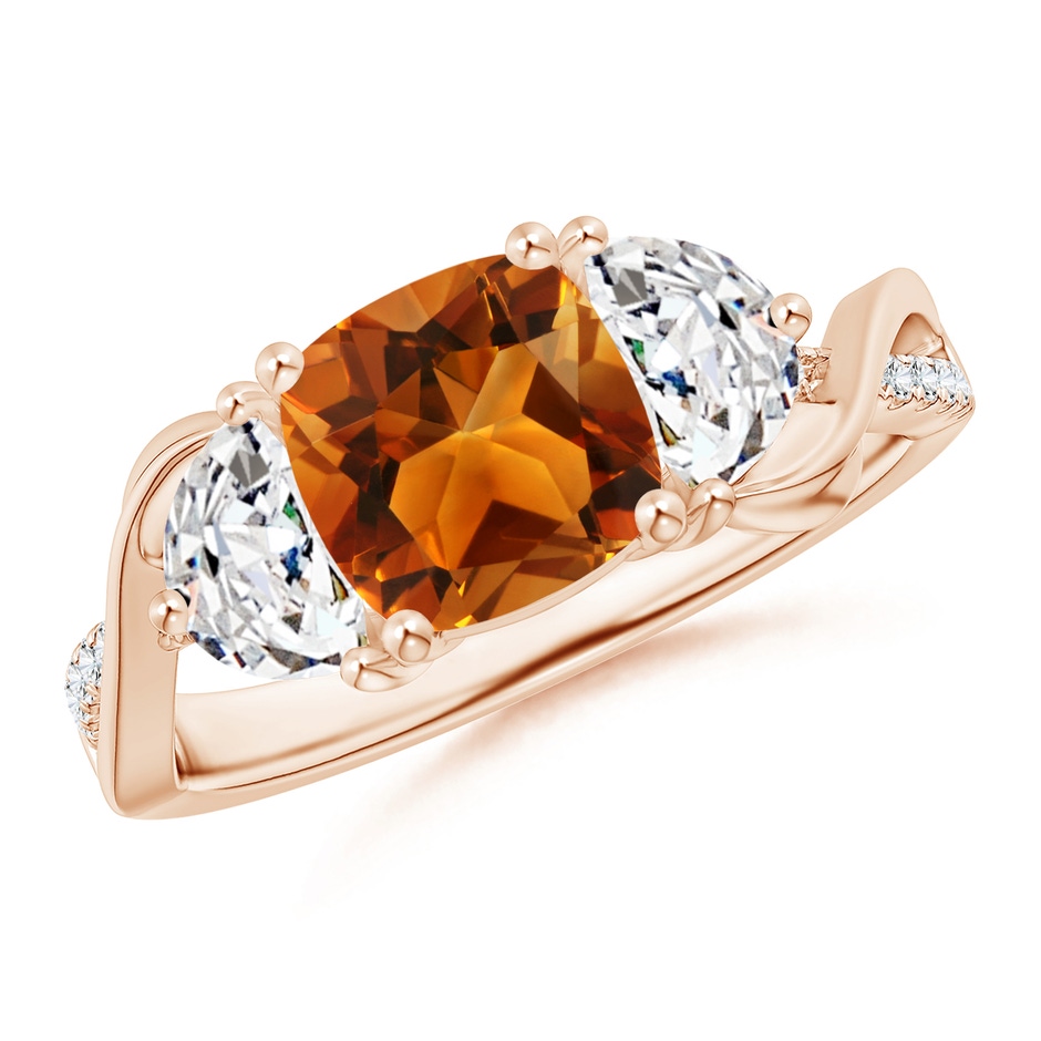 7mm AAAA Cushion Citrine and Half Moon Diamond Leaf Ring in Rose Gold 