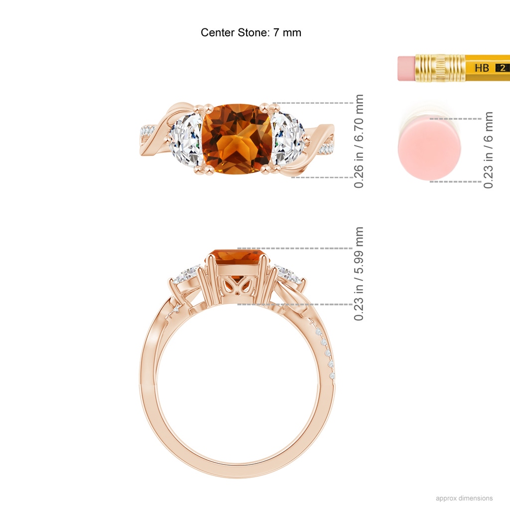 7mm AAAA Cushion Citrine and Half Moon Diamond Leaf Ring in Rose Gold Ruler