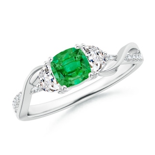5mm AAA Cushion Emerald and Half Moon Diamond Leaf Ring in White Gold