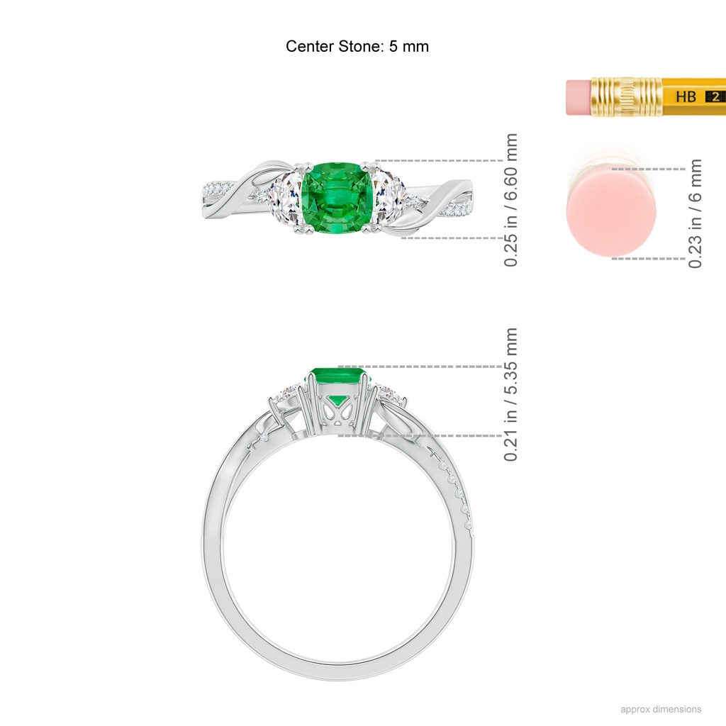 5mm AAA Cushion Emerald and Half Moon Diamond Leaf Ring in White Gold Ruler