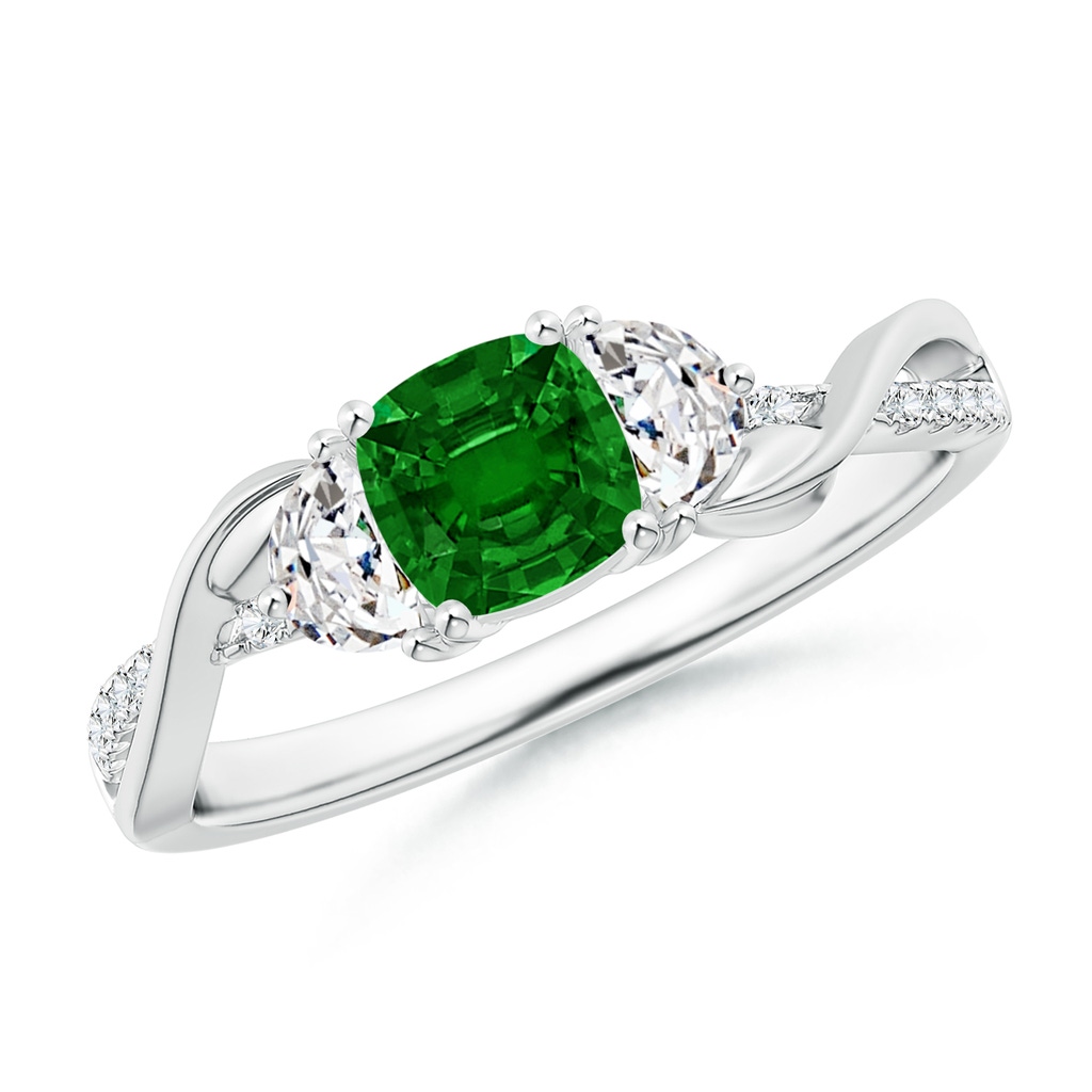 5mm AAAA Cushion Emerald and Half Moon Diamond Leaf Ring in P950 Platinum
