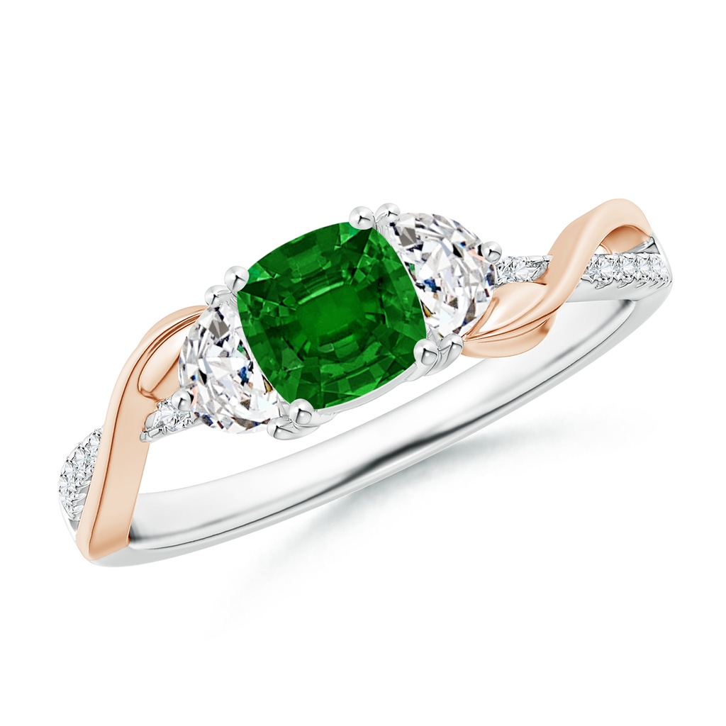 5mm AAAA Cushion Emerald and Half Moon Diamond Leaf Ring in White Gold Rose Gold