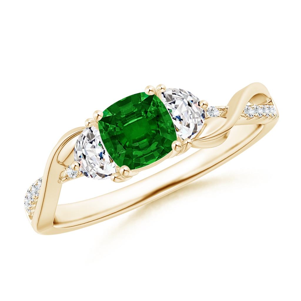 5mm AAAA Cushion Emerald and Half Moon Diamond Leaf Ring in Yellow Gold