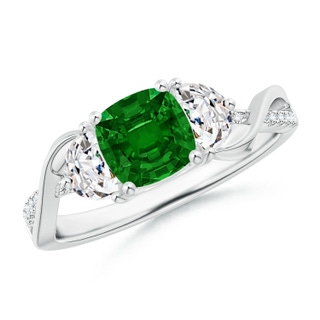 6mm AAAA Cushion Emerald and Half Moon Diamond Leaf Ring in P950 Platinum