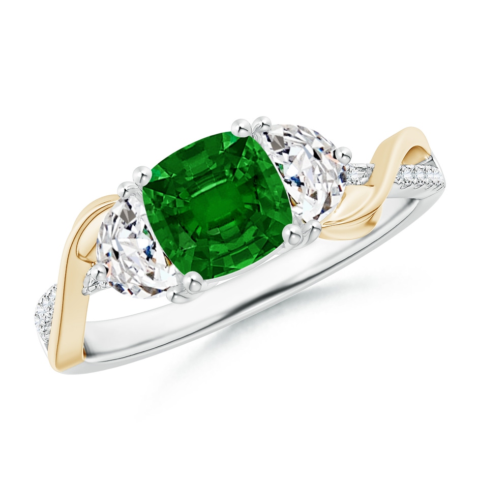 6mm AAAA Cushion Emerald and Half Moon Diamond Leaf Ring in White Gold Yellow Gold 