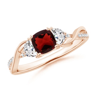 5mm AAA Cushion Garnet and Half Moon Diamond Leaf Ring in 10K Rose Gold