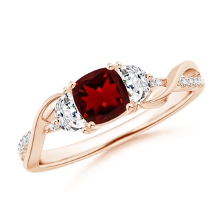 5mm AAAA Cushion Garnet and Half Moon Diamond Leaf Ring in Rose Gold