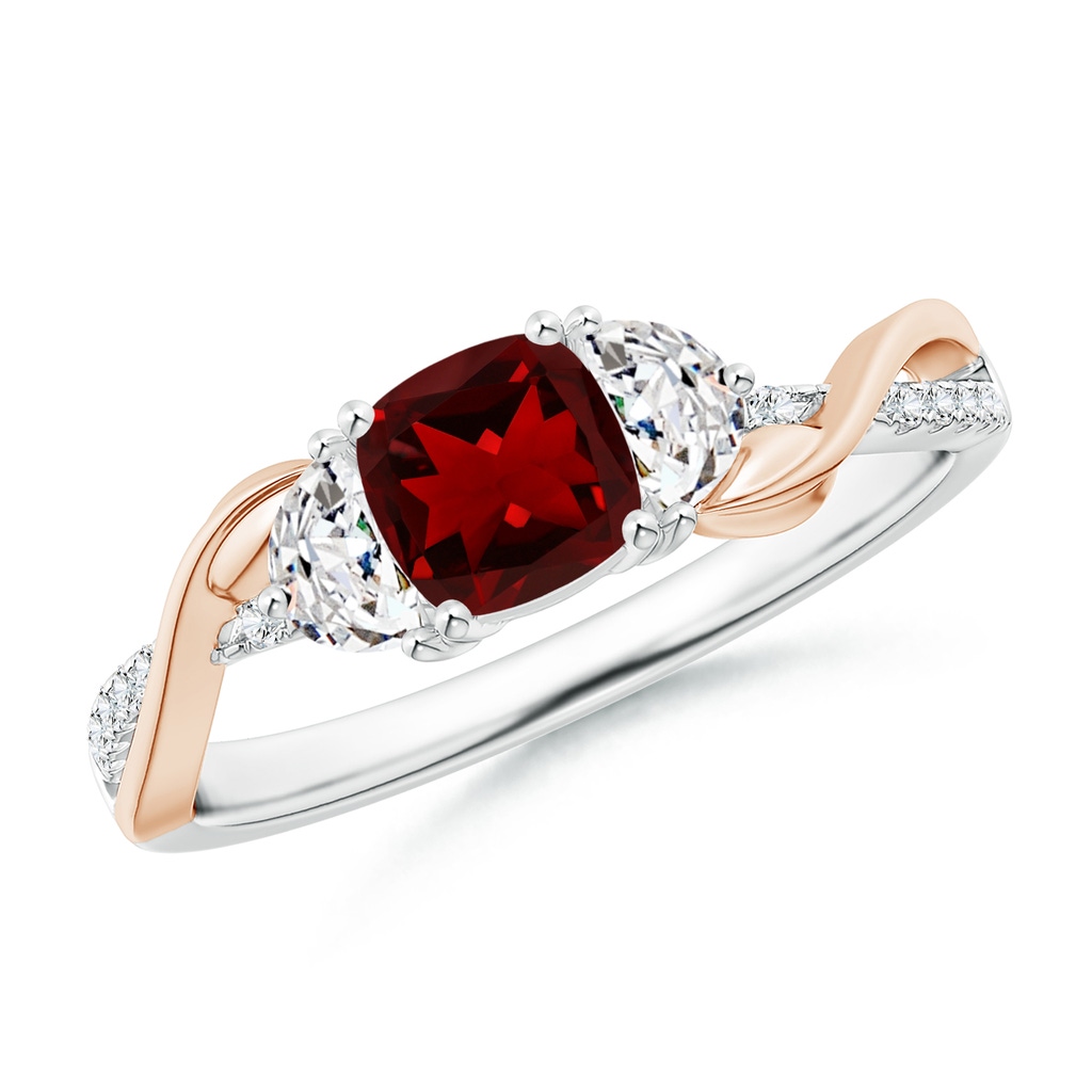 5mm AAAA Cushion Garnet and Half Moon Diamond Leaf Ring in White Gold Rose Gold
