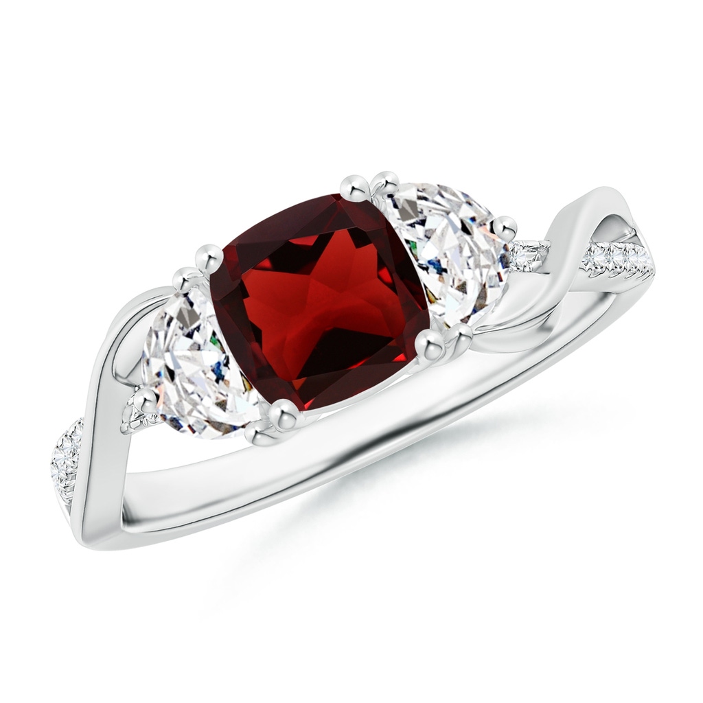 6mm AAA Cushion Garnet and Half Moon Diamond Leaf Ring in White Gold 