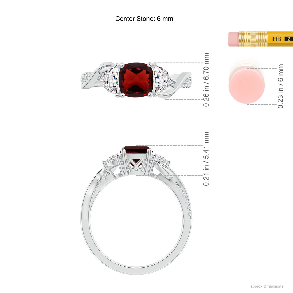 6mm AAA Cushion Garnet and Half Moon Diamond Leaf Ring in White Gold Ruler