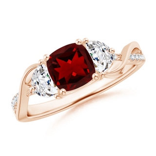 6mm AAAA Cushion Garnet and Half Moon Diamond Leaf Ring in Rose Gold