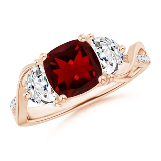 7mm AAAA Cushion Garnet and Half Moon Diamond Leaf Ring in Rose Gold