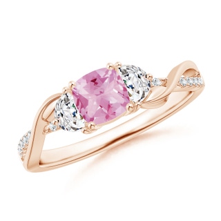 5mm A Cushion Pink Tourmaline and Half Moon Diamond Leaf Ring in Rose Gold