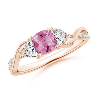 5mm AA Cushion Pink Tourmaline and Half Moon Diamond Leaf Ring in Rose Gold