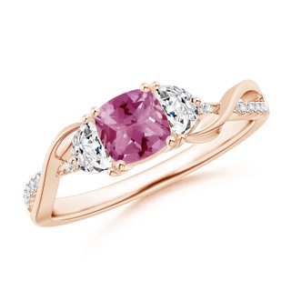 5mm AAA Cushion Pink Tourmaline and Half Moon Diamond Leaf Ring in Rose Gold