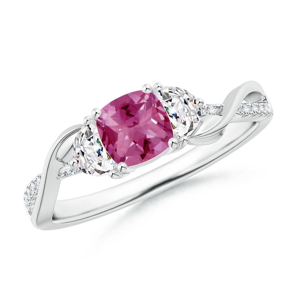 5mm AAAA Cushion Pink Tourmaline and Half Moon Diamond Leaf Ring in White Gold