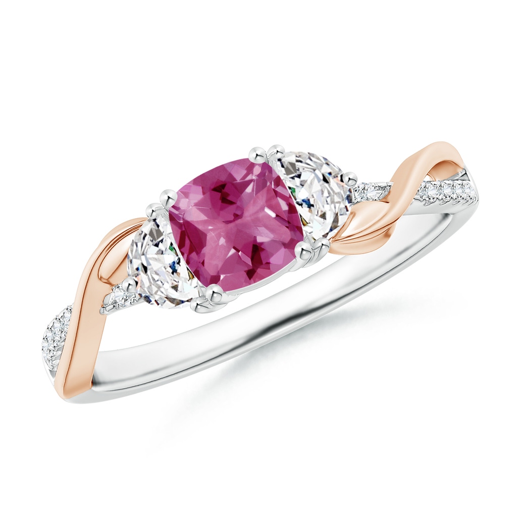 5mm AAAA Cushion Pink Tourmaline and Half Moon Diamond Leaf Ring in White Gold Rose Gold