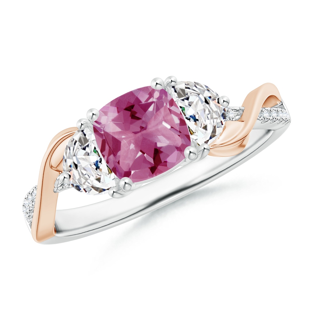 6mm AAA Cushion Pink Tourmaline and Half Moon Diamond Leaf Ring in White Gold Rose Gold