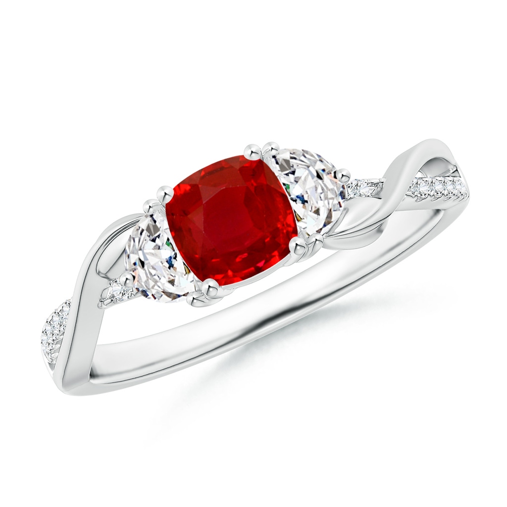 5mm AAA Cushion Ruby and Half Moon Diamond Leaf Ring in P950 Platinum