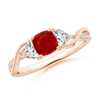 5mm AAA Cushion Ruby and Half Moon Diamond Leaf Ring in Rose Gold