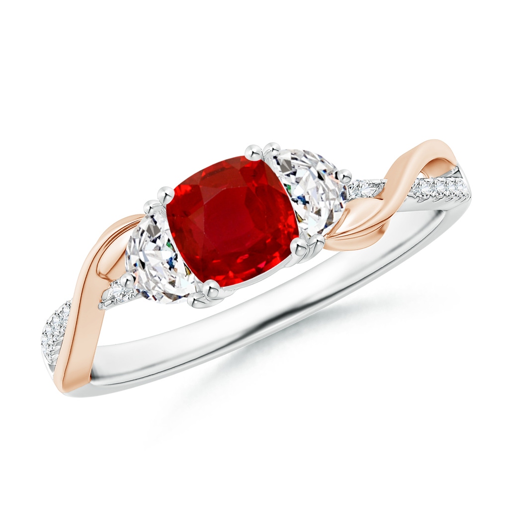 5mm AAA Cushion Ruby and Half Moon Diamond Leaf Ring in White Gold Rose Gold