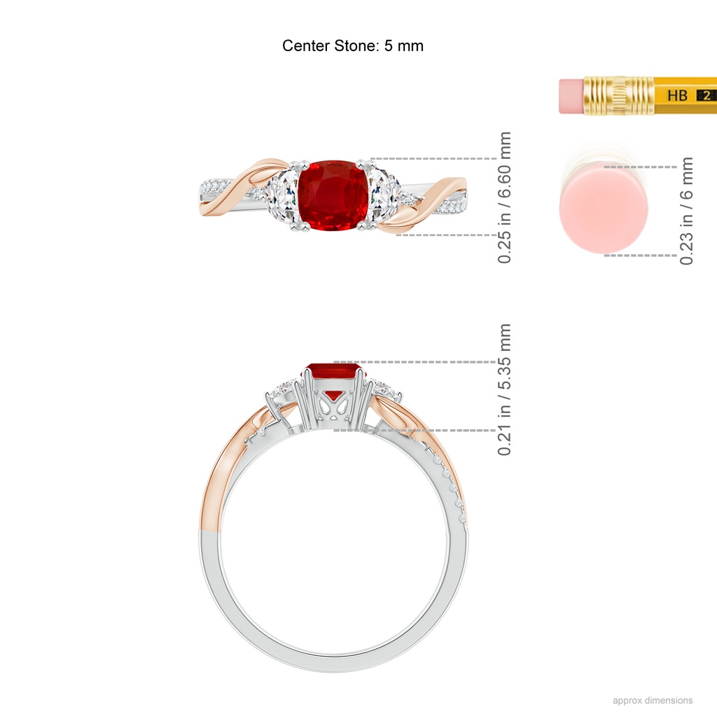 5mm AAA Cushion Ruby and Half Moon Diamond Leaf Ring in White Gold Rose Gold Ruler