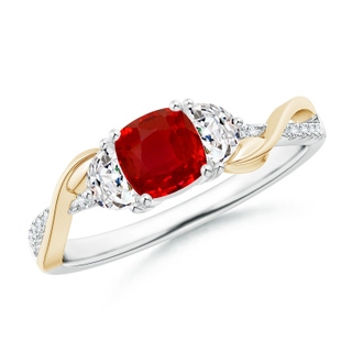 5mm AAA Cushion Ruby and Half Moon Diamond Leaf Ring in White Gold Yellow Gold