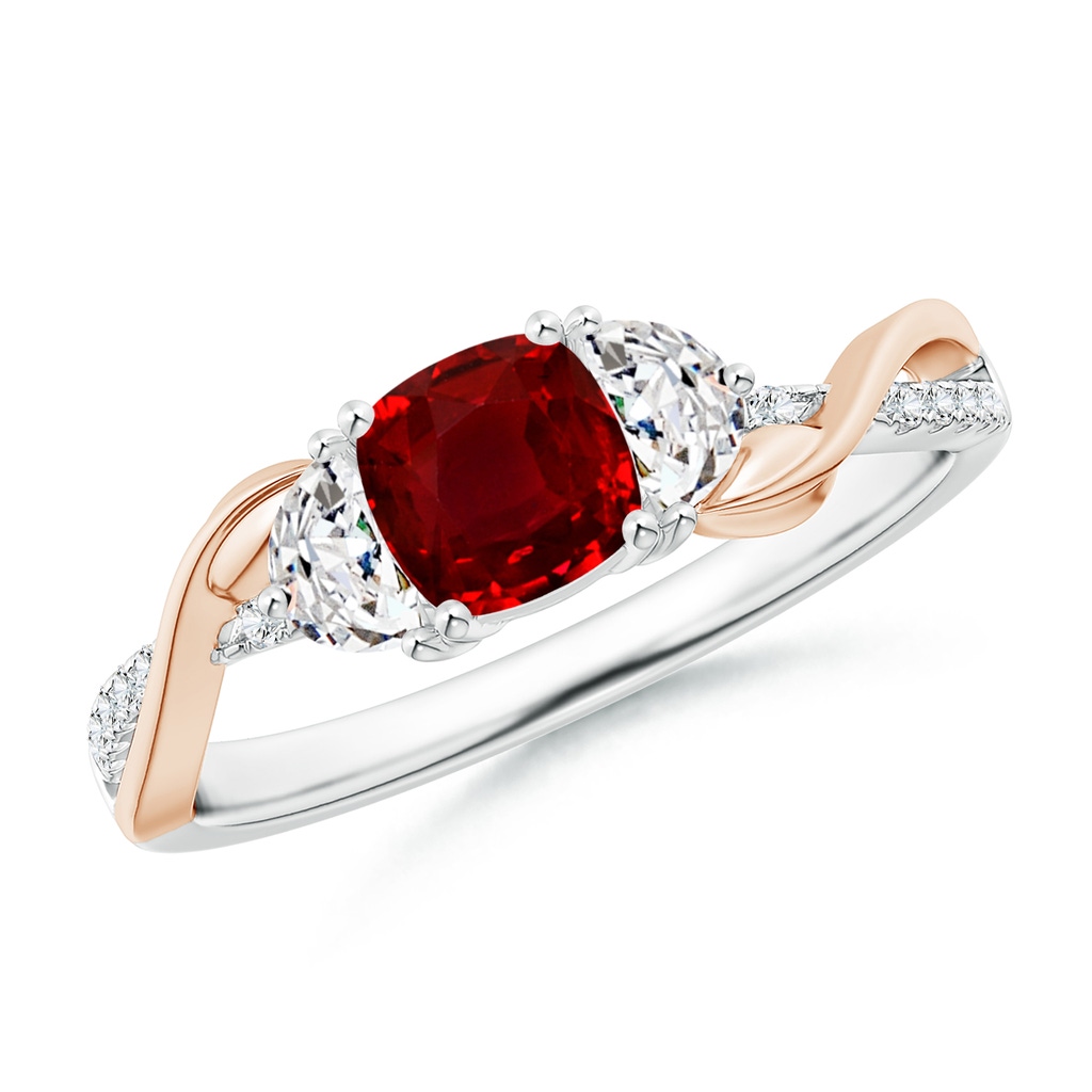 5mm AAAA Cushion Ruby and Half Moon Diamond Leaf Ring in White Gold Rose Gold