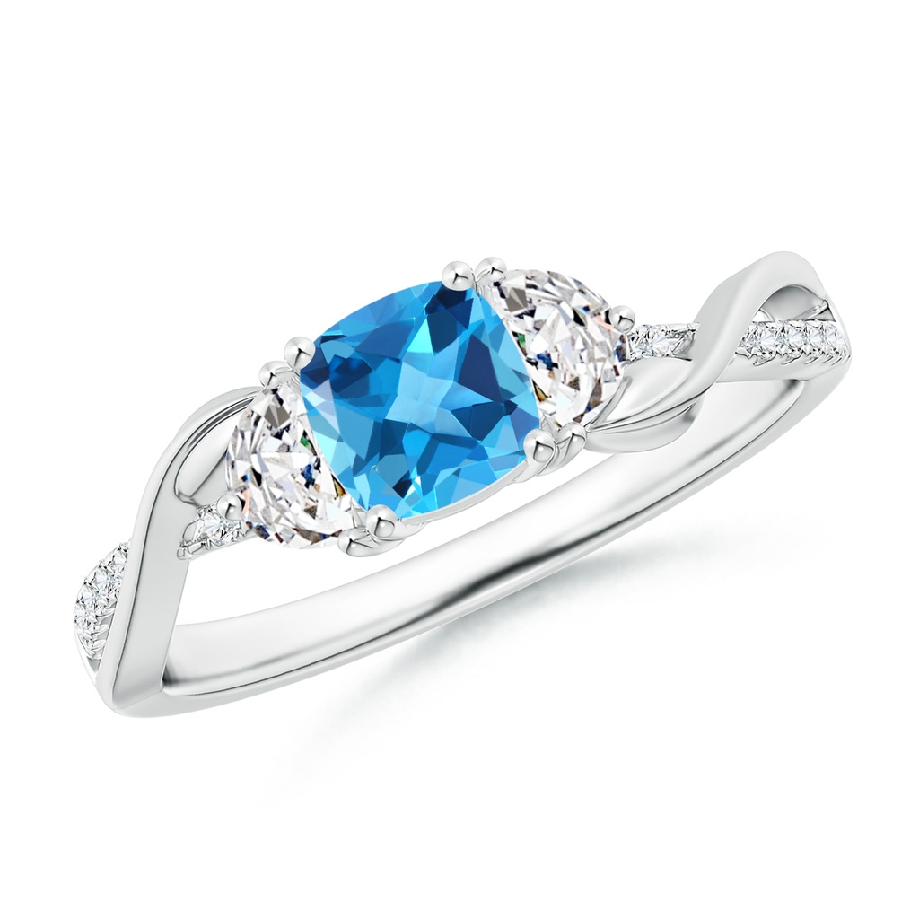 5mm AAA Cushion Swiss Blue Topaz and Half Moon Diamond Leaf Ring in White Gold