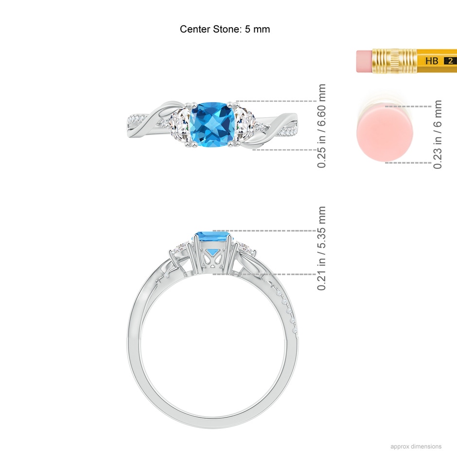 5mm AAA Cushion Swiss Blue Topaz and Half Moon Diamond Leaf Ring in White Gold ruler