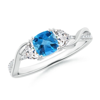 5mm AAAA Cushion Swiss Blue Topaz and Half Moon Diamond Leaf Ring in P950 Platinum