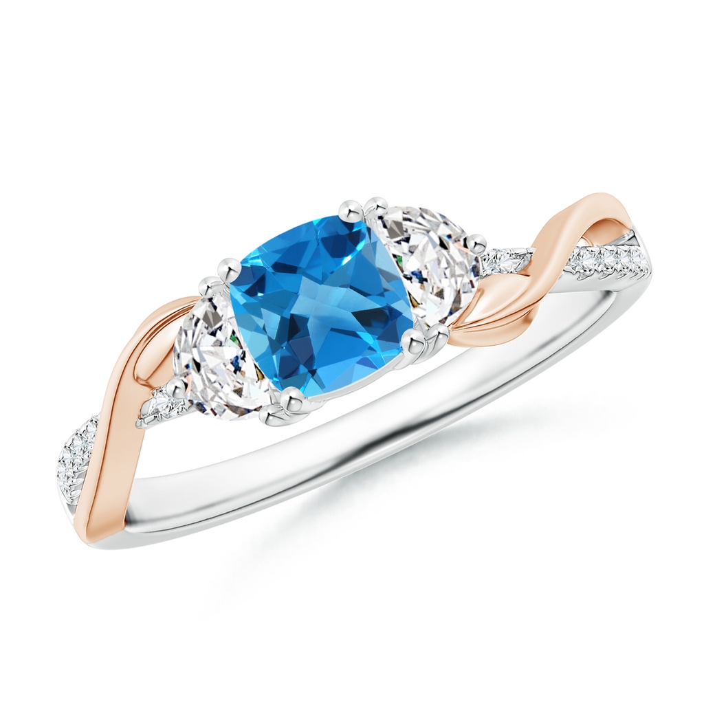 5mm AAAA Cushion Swiss Blue Topaz and Half Moon Diamond Leaf Ring in White Gold Rose Gold