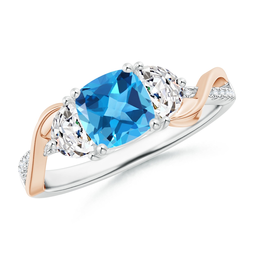 6mm AAA Cushion Swiss Blue Topaz and Half Moon Diamond Leaf Ring in White Gold Rose Gold