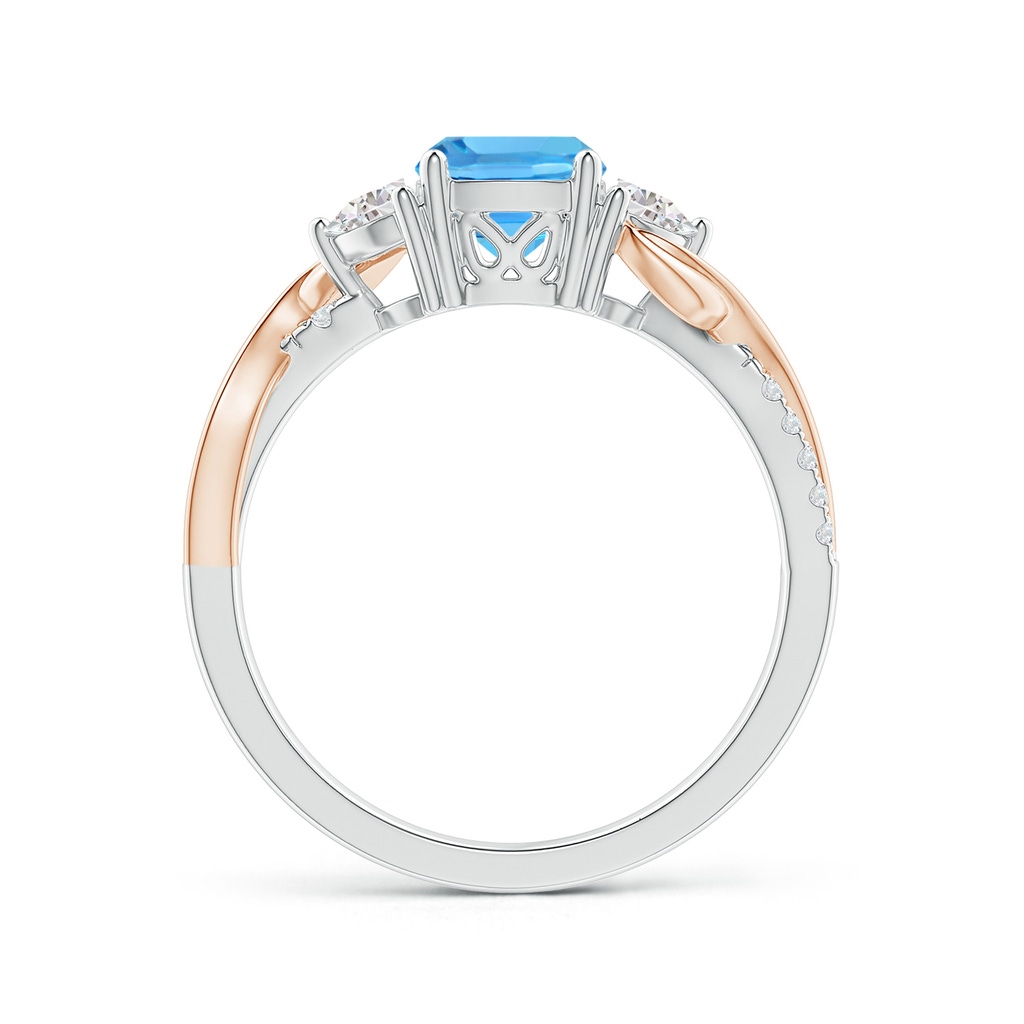 6mm AAA Cushion Swiss Blue Topaz and Half Moon Diamond Leaf Ring in White Gold Rose Gold Side 1