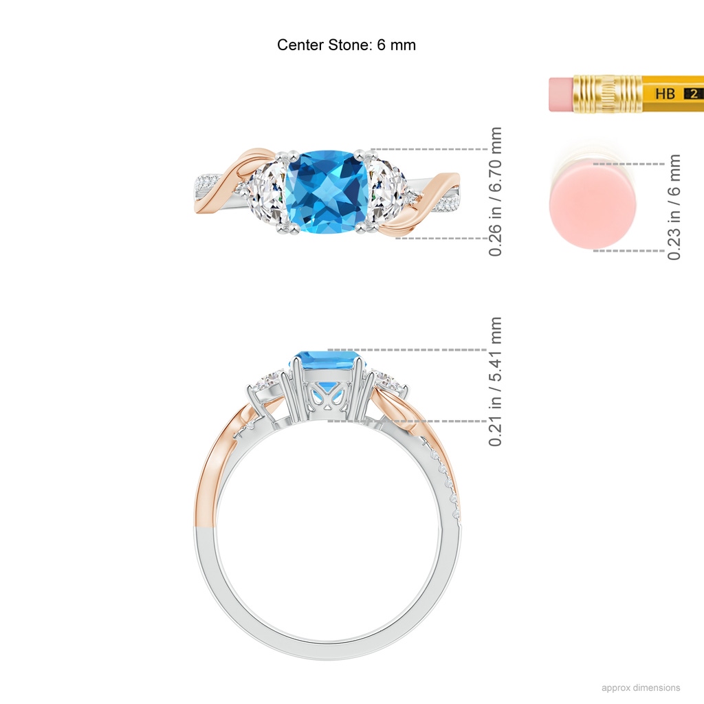 6mm AAA Cushion Swiss Blue Topaz and Half Moon Diamond Leaf Ring in White Gold Rose Gold Ruler