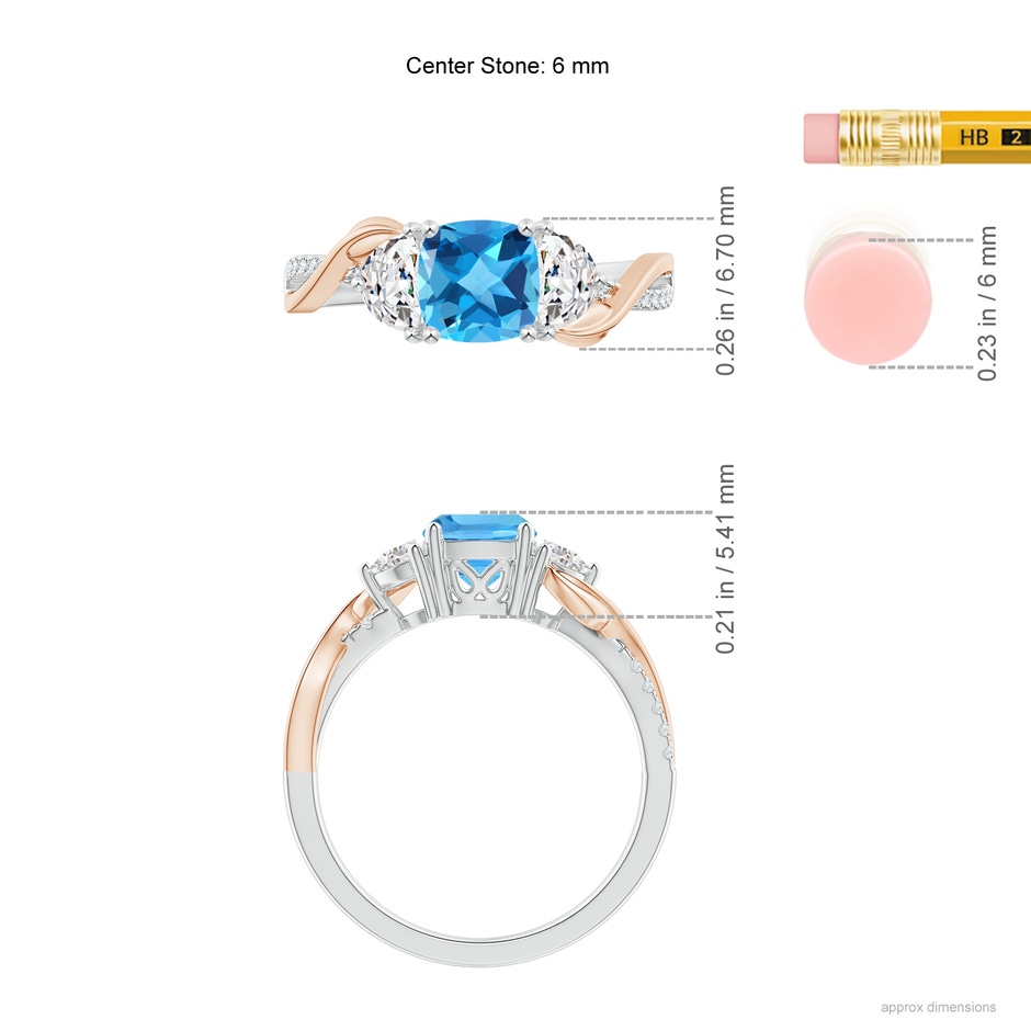 6mm AAA Cushion Swiss Blue Topaz and Half Moon Diamond Leaf Ring in White Gold Rose Gold ruler