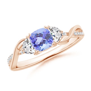 5mm A Cushion Tanzanite and Half Moon Diamond Leaf Ring in Rose Gold