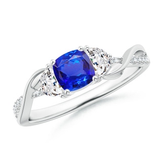 5mm AAA Cushion Tanzanite and Half Moon Diamond Leaf Ring in White Gold