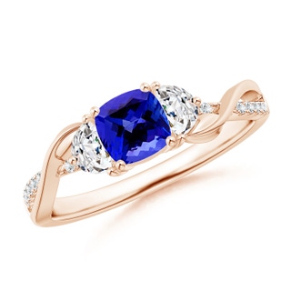 5mm AAAA Cushion Tanzanite and Half Moon Diamond Leaf Ring in Rose Gold