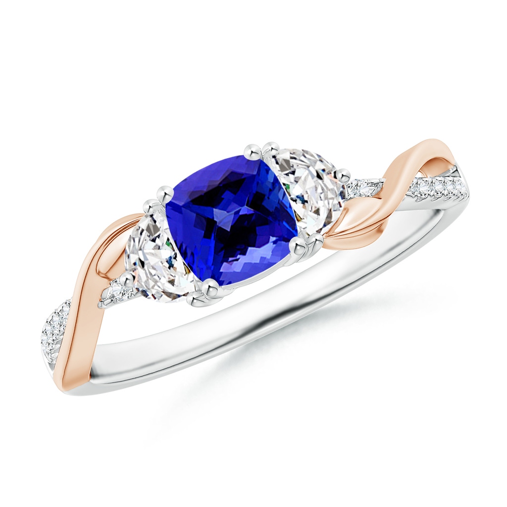 5mm AAAA Cushion Tanzanite and Half Moon Diamond Leaf Ring in White Gold Rose Gold