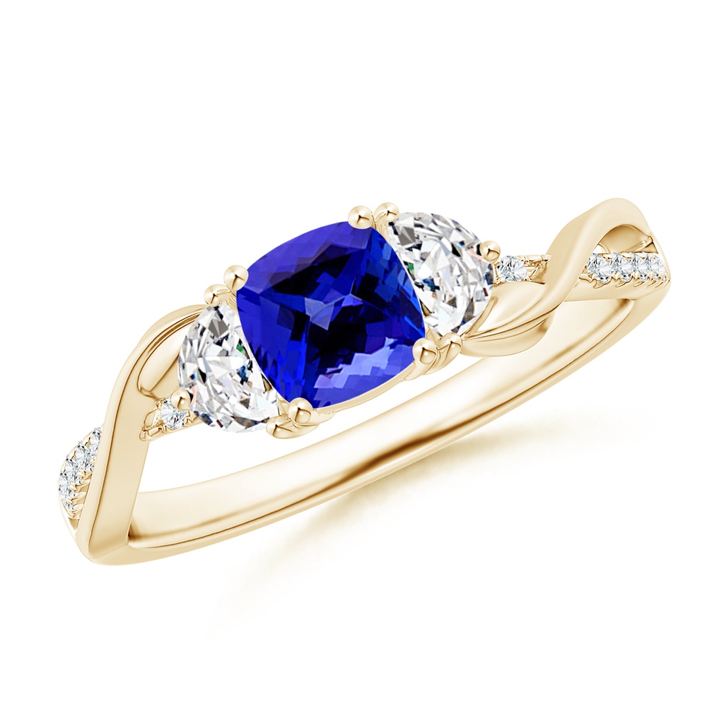 5mm AAAA Cushion Tanzanite and Half Moon Diamond Leaf Ring in Yellow Gold