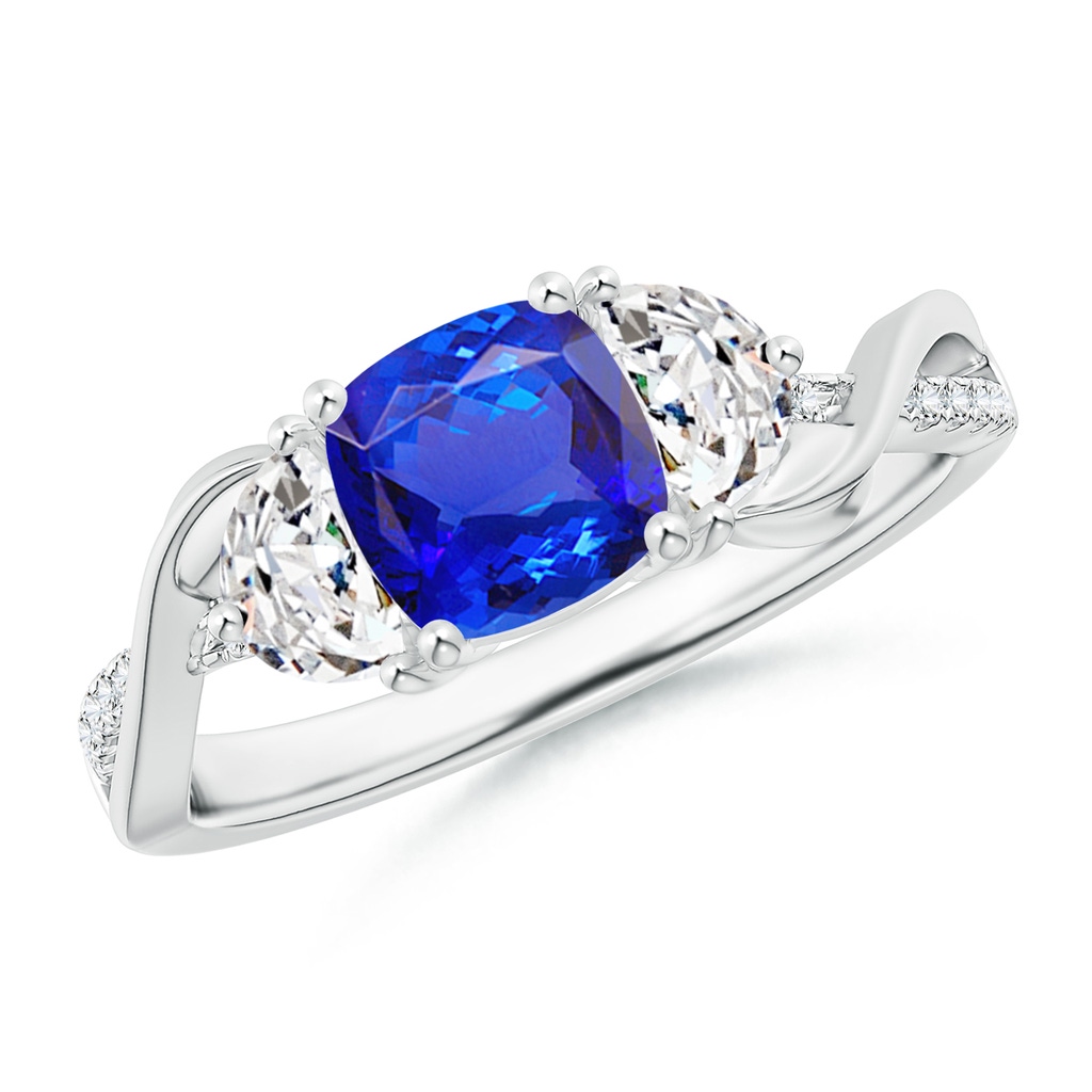 6mm AAA Cushion Tanzanite and Half Moon Diamond Leaf Ring in White Gold