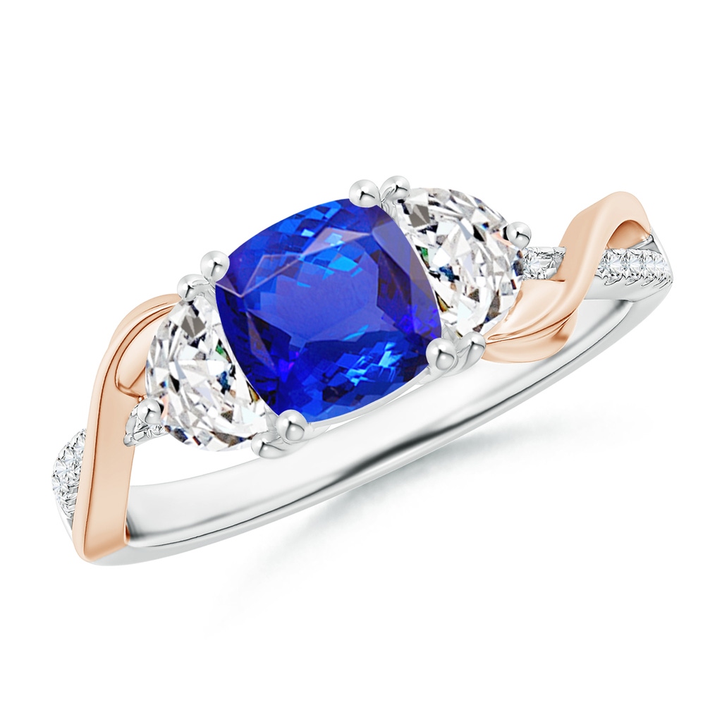 6mm AAA Cushion Tanzanite and Half Moon Diamond Leaf Ring in White Gold Rose Gold